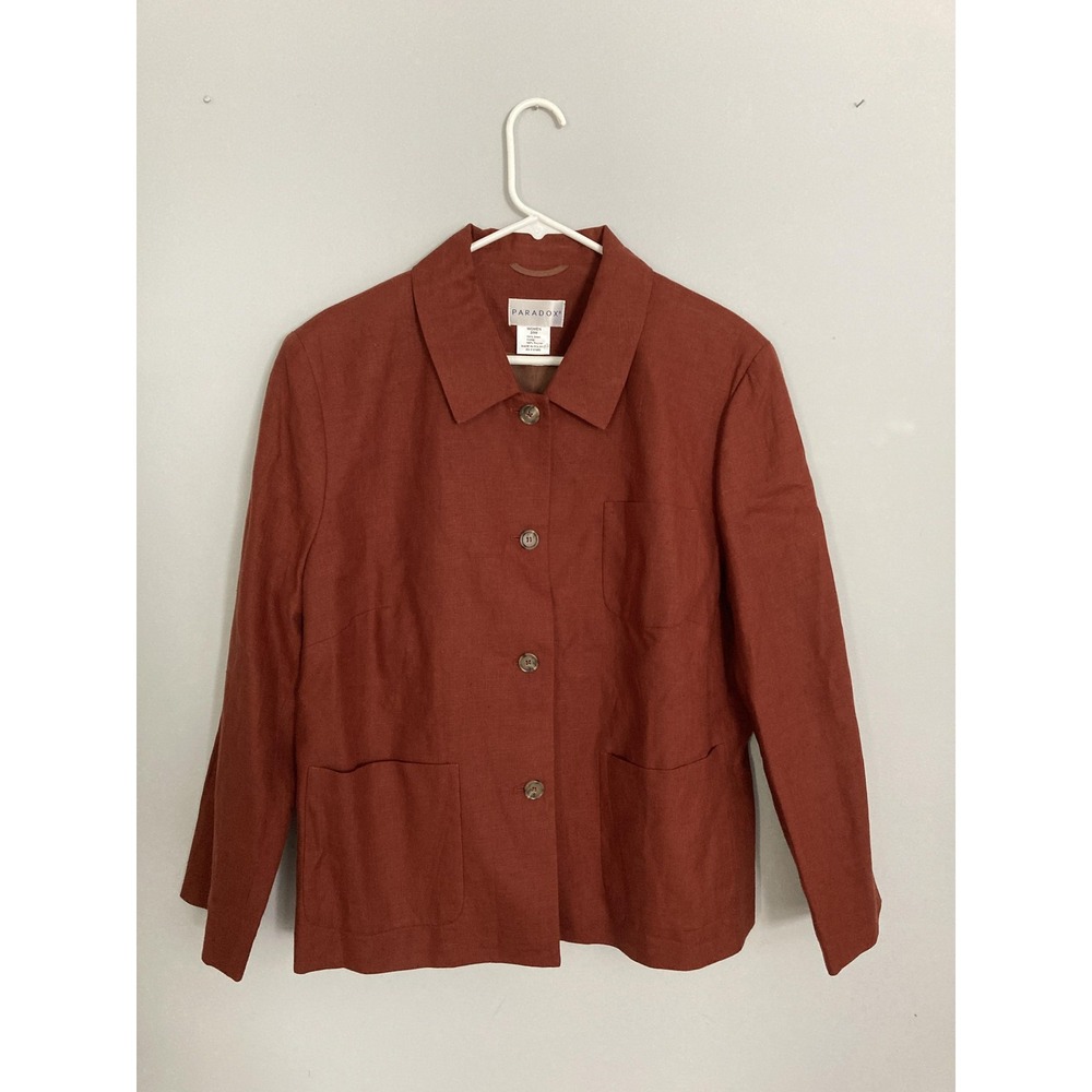 Paradox Jacket Women 20W Brown 100% Linen Button Front Patch Pocket Lined Casual - Picture 3 of 12
